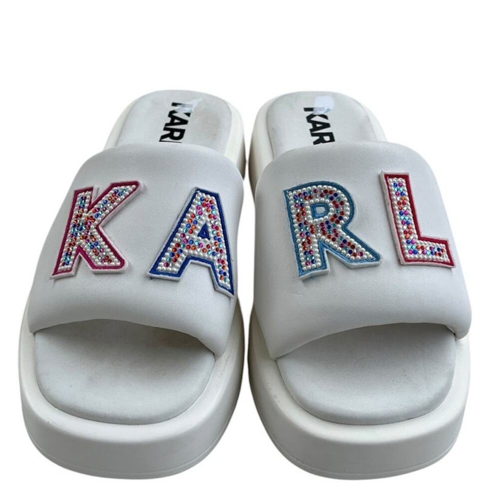 Karl Lagerfeld White Slide Sandals with Multicolor Beaded 'KARL'
